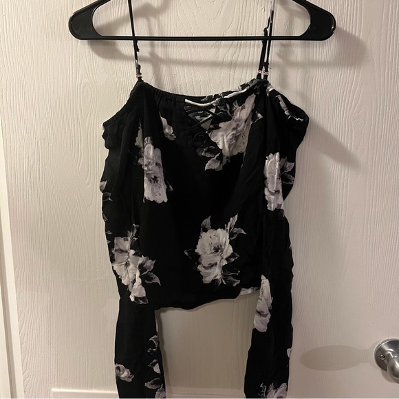 Black and White Rose Long Sleeve Off Shoulder Top - Picture 2 of 4